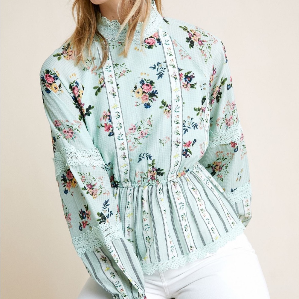 Anthropologie Floral Lace Blouse - Light Green